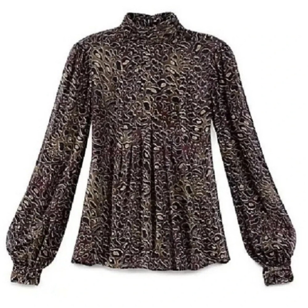 Tory Burch Whitfiels Animal Print Blouse 100% Silk Top 8 Mock Neck Puff Sleeve‎